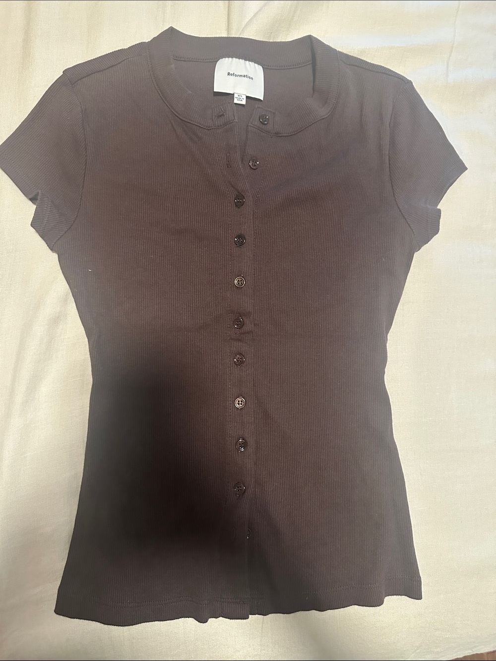 Reformation Brown Ribbed Button-Front Short Sleeve Top